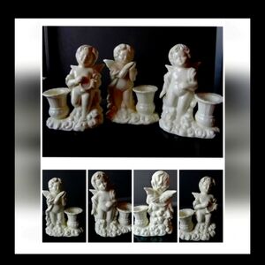 Ivory Off-White Angel Cherub Ceramic Porcelain Candle Holders Figurines Set of 3